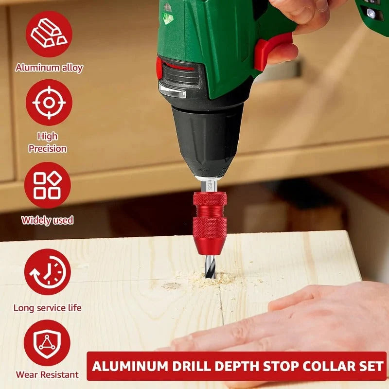 Drill Bit Depth Stop Collar Aluminum Nylon-Lined Tool-Free Adjustment