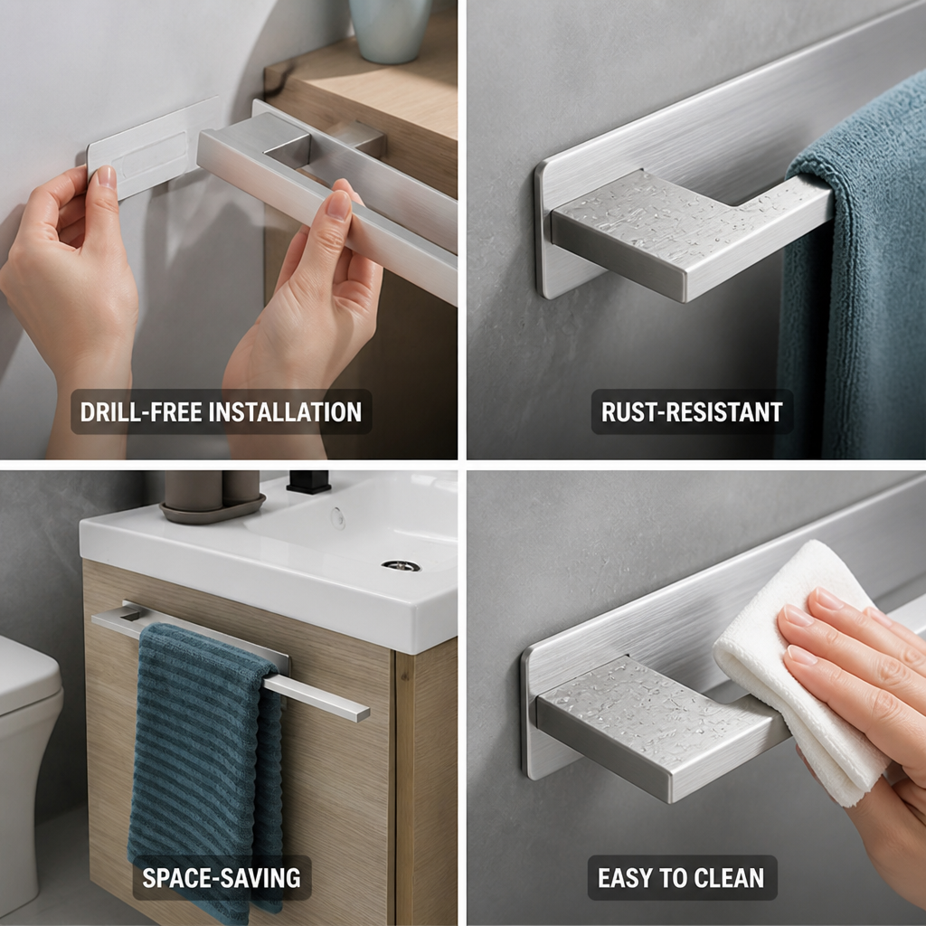 Drill-Free Adhesive Brushed Stainless Steel Towel Bar