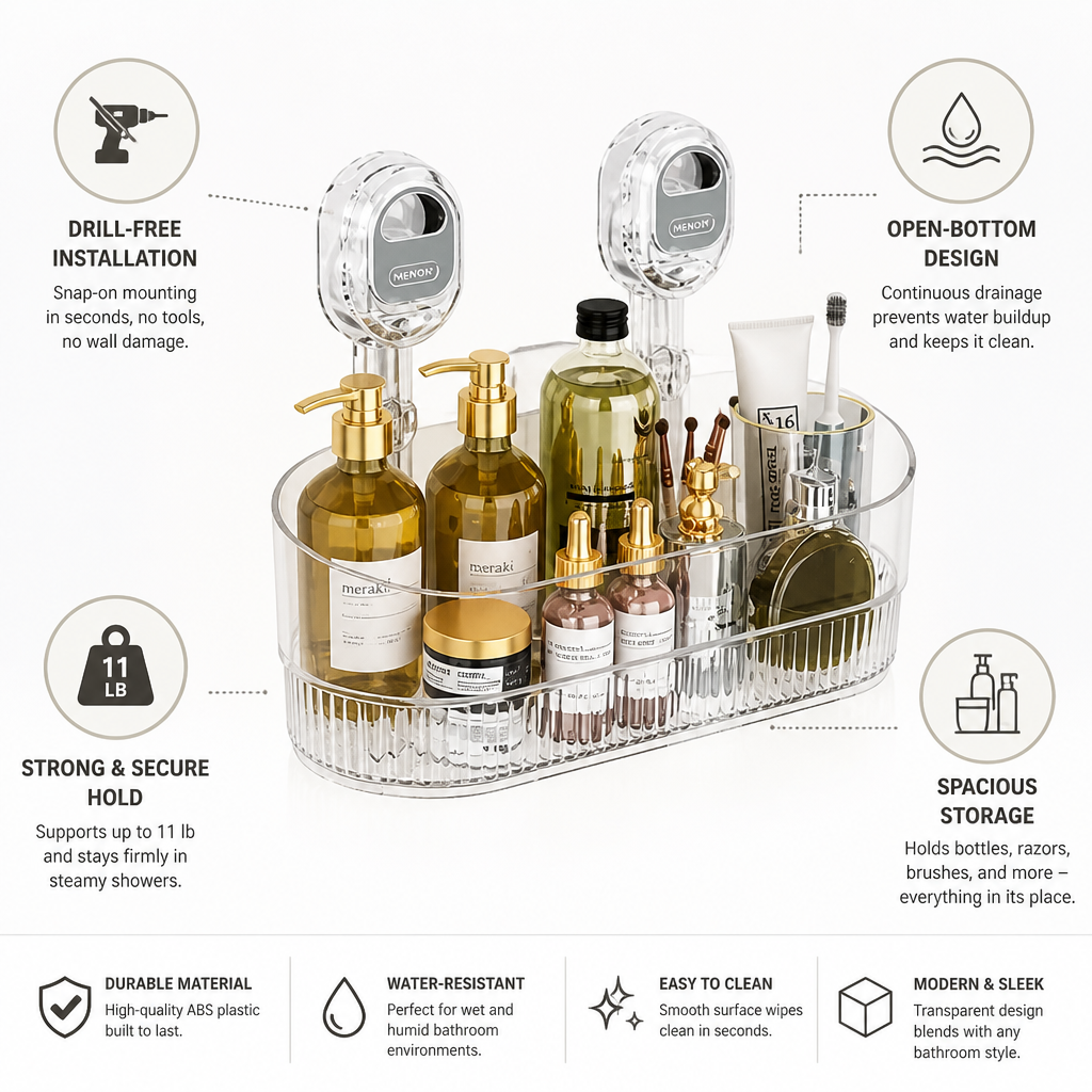 Drill-Free Snap-On Open-Bottom Shower Organizer