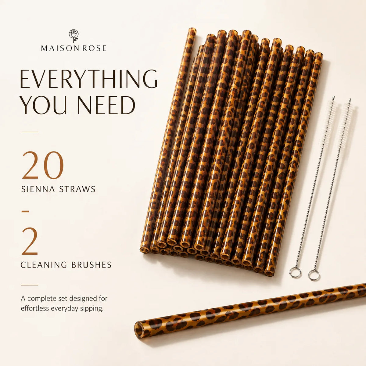 Drinking Straws Reusable Leopard Print Set of 20