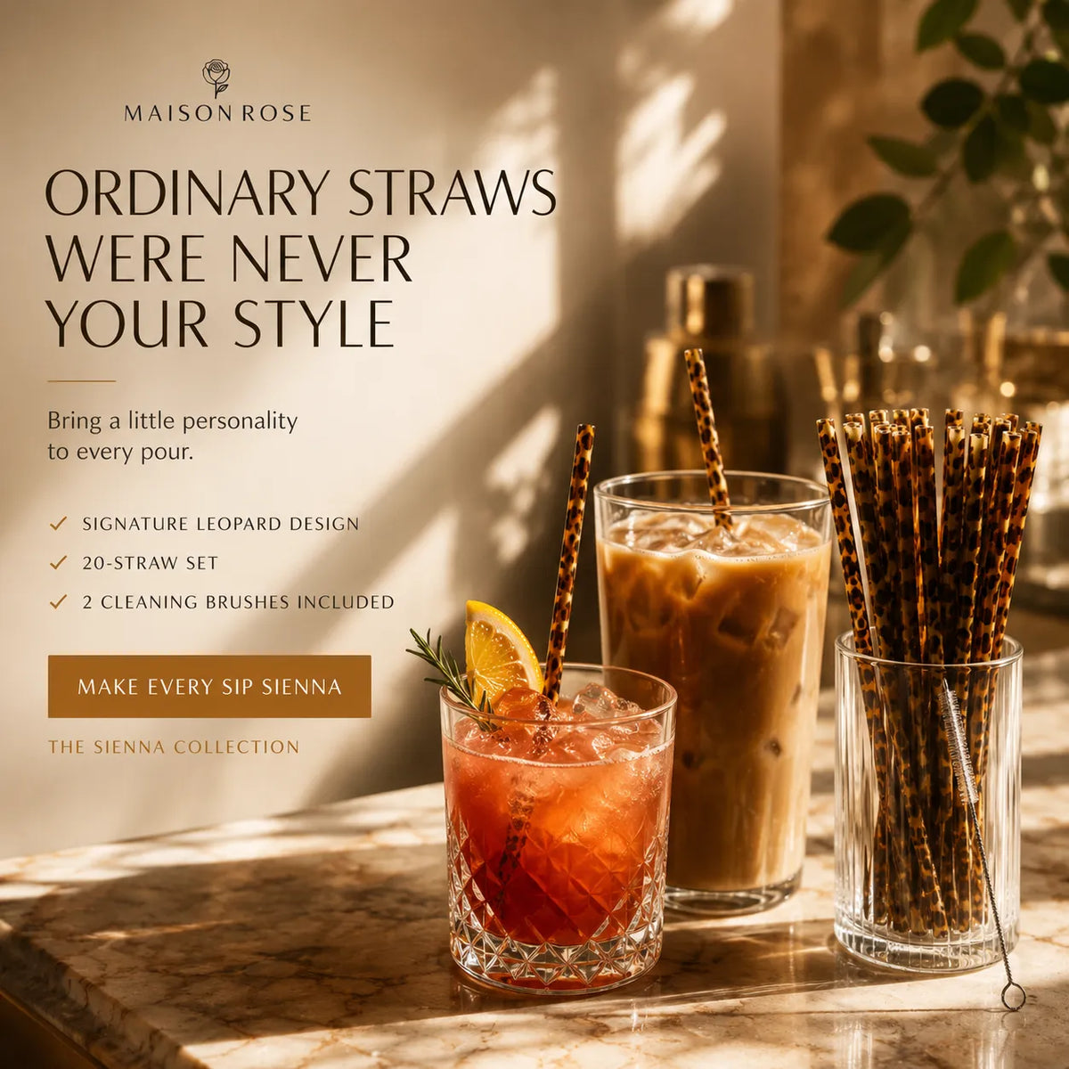 Drinking Straws Reusable Leopard Print Set of 20