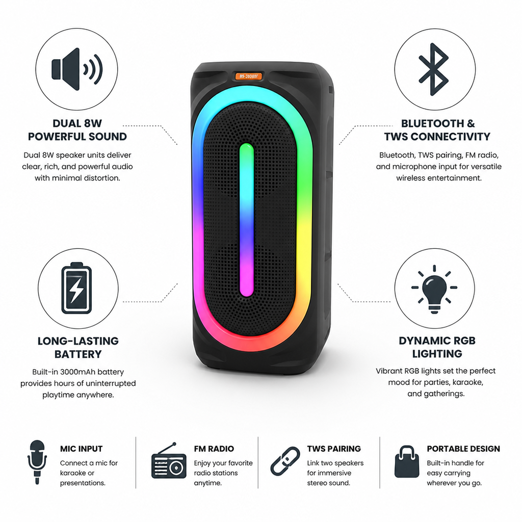 Dual 8W Bluetooth Party Speaker (RGB Lights & Microphone)