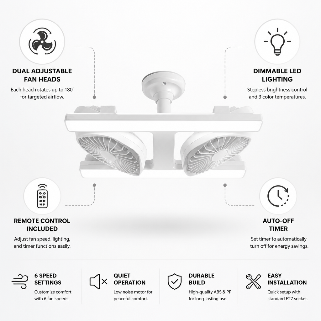 Dual Adjustable Heads Stepless Dimmable LED & Remote Ceiling Fan