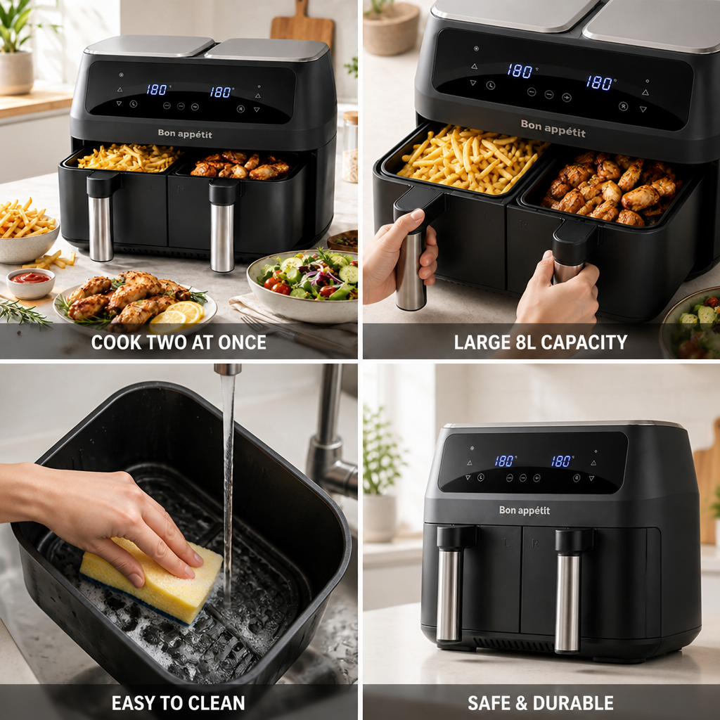 Dual-Basket PFAS-Free Nonstick Air Fryer (8L)