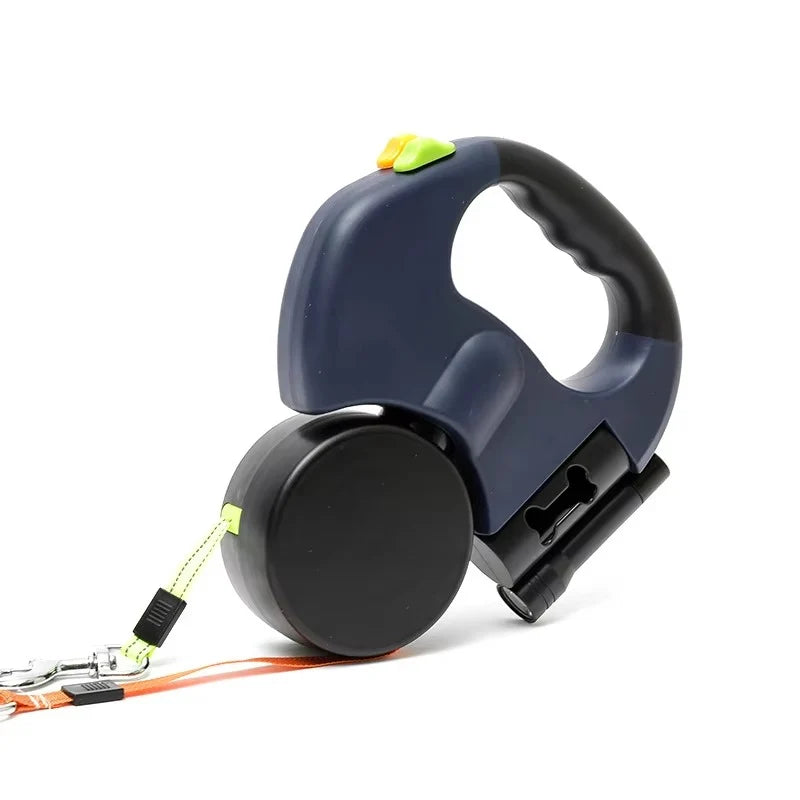 Dual Dog Leash Retractable Reflective Cords Built-In Flashlight & Bag Dispenser