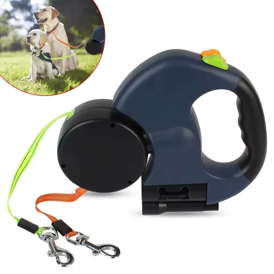 Dual Dog Leash Retractable Reflective Cords Built-In Flashlight & Bag Dispenser