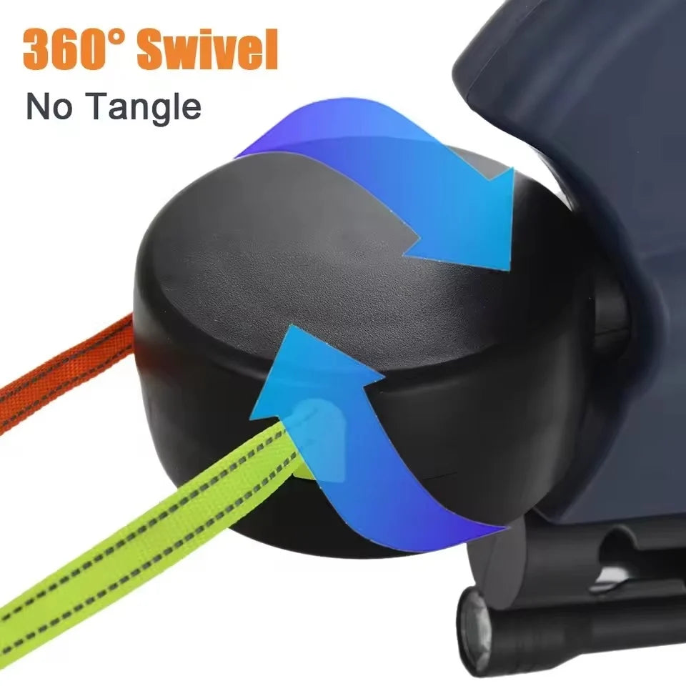 Dual Dog Leash Retractable Reflective Cords Built-In Flashlight & Bag Dispenser