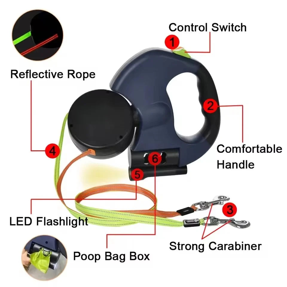 Dual Dog Leash Retractable Reflective Cords Built-In Flashlight & Bag Dispenser
