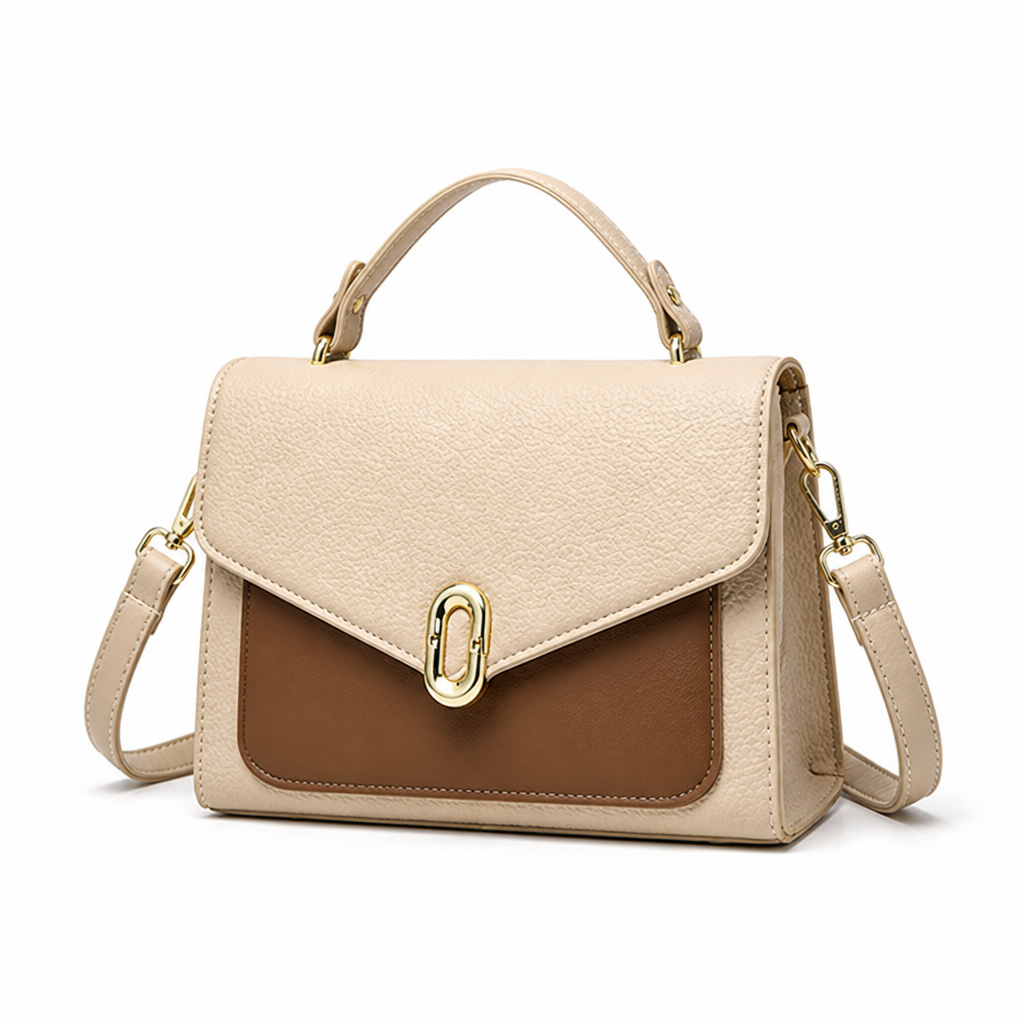 Dual-Tone Faux Leather Handbag (Top Handle & Adjustable Strap)