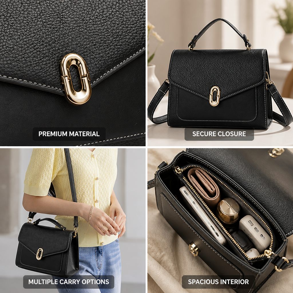Dual-Tone Faux Leather Handbag (Top Handle & Adjustable Strap)