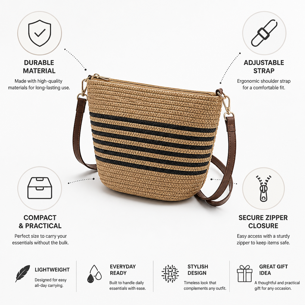 Durable Adjustable-Strap Zipper Shoulder Bag