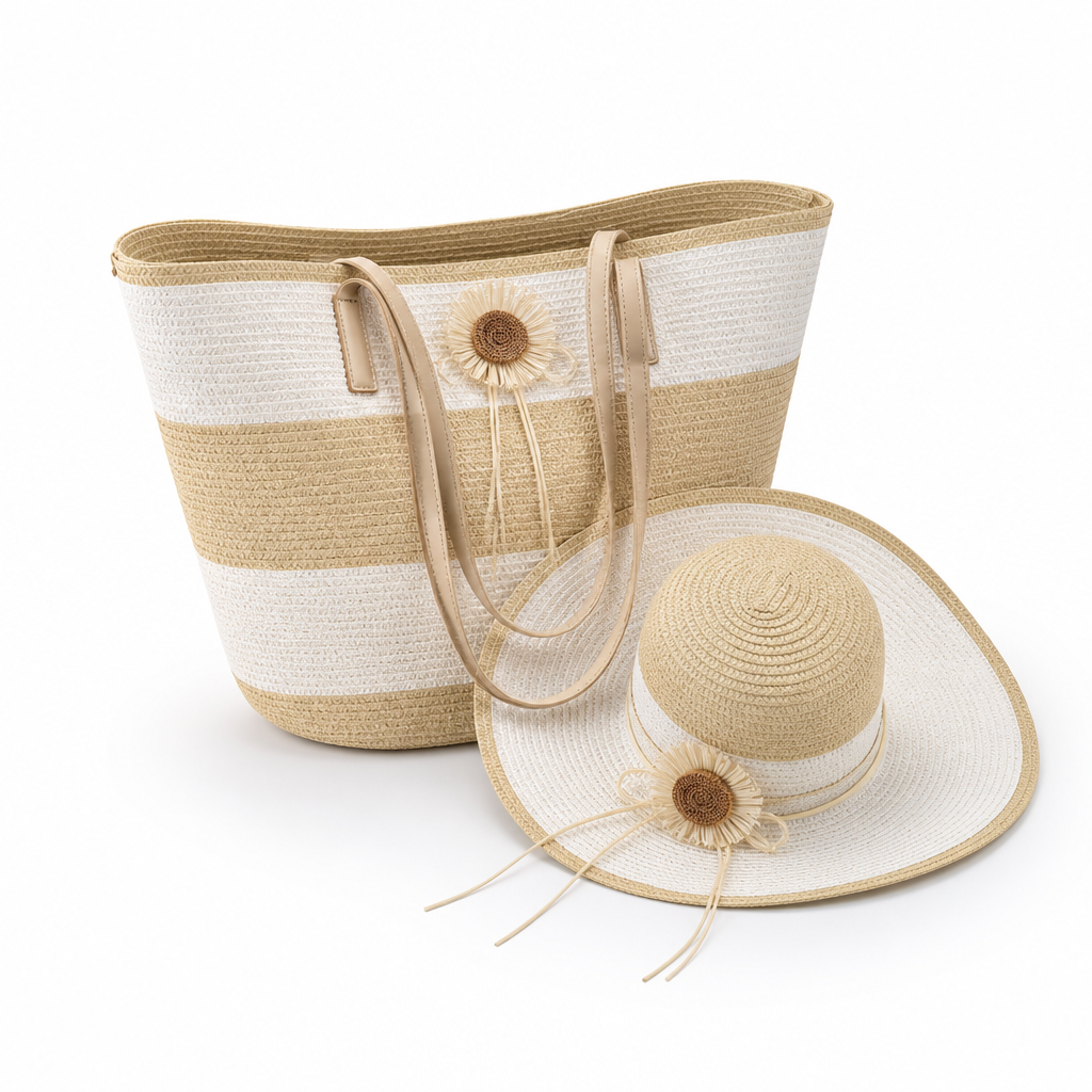 Durable Artificial Straw Beach Bag & Sun Hat Set