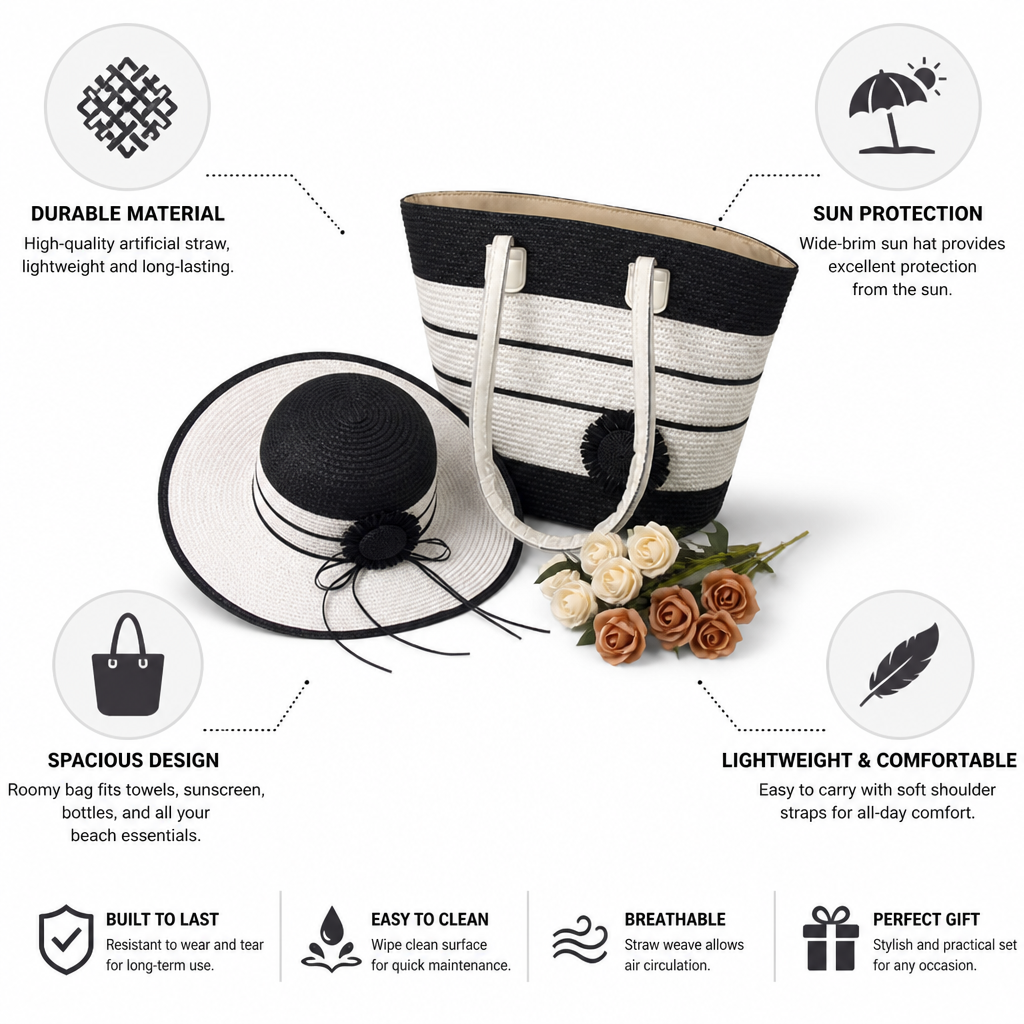 Durable Artificial Straw Beach Bag & Sun Hat Set