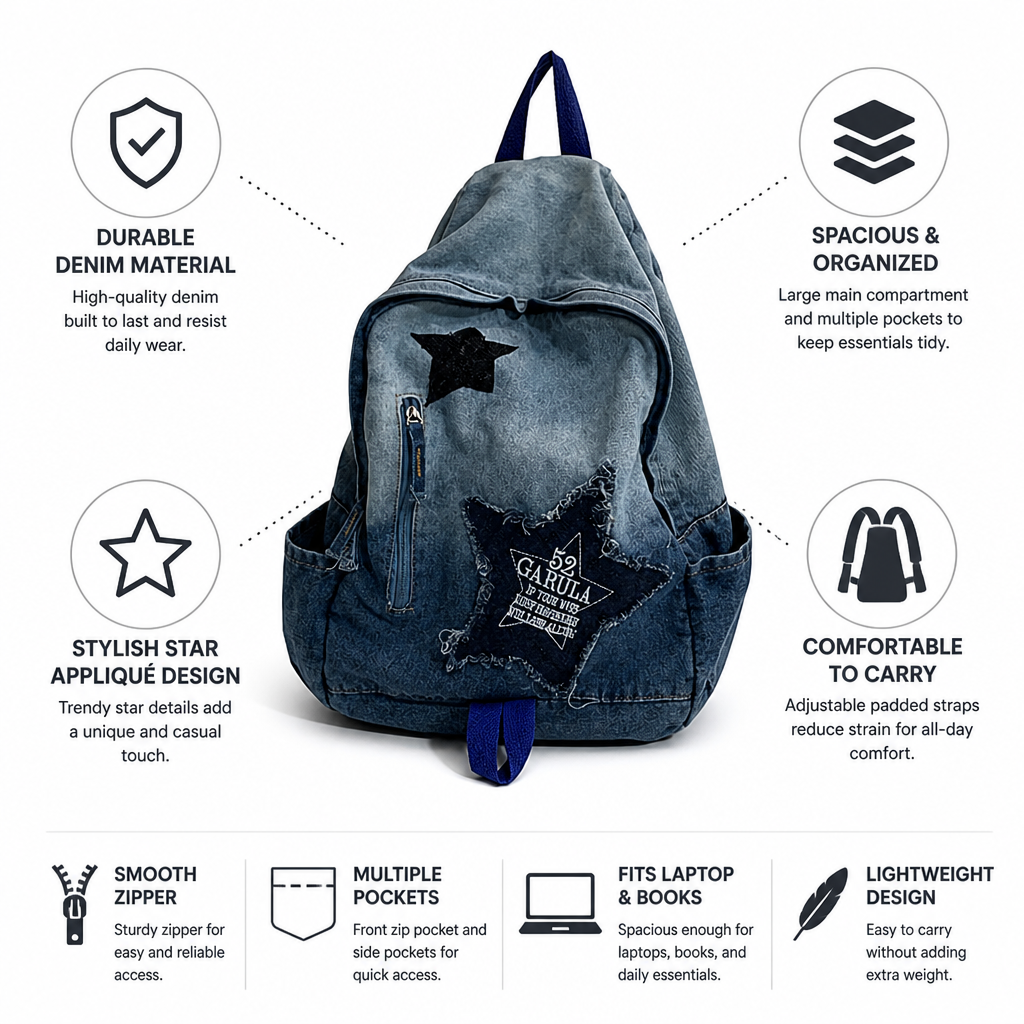 Durable Denim Star Appliqué School Backpack