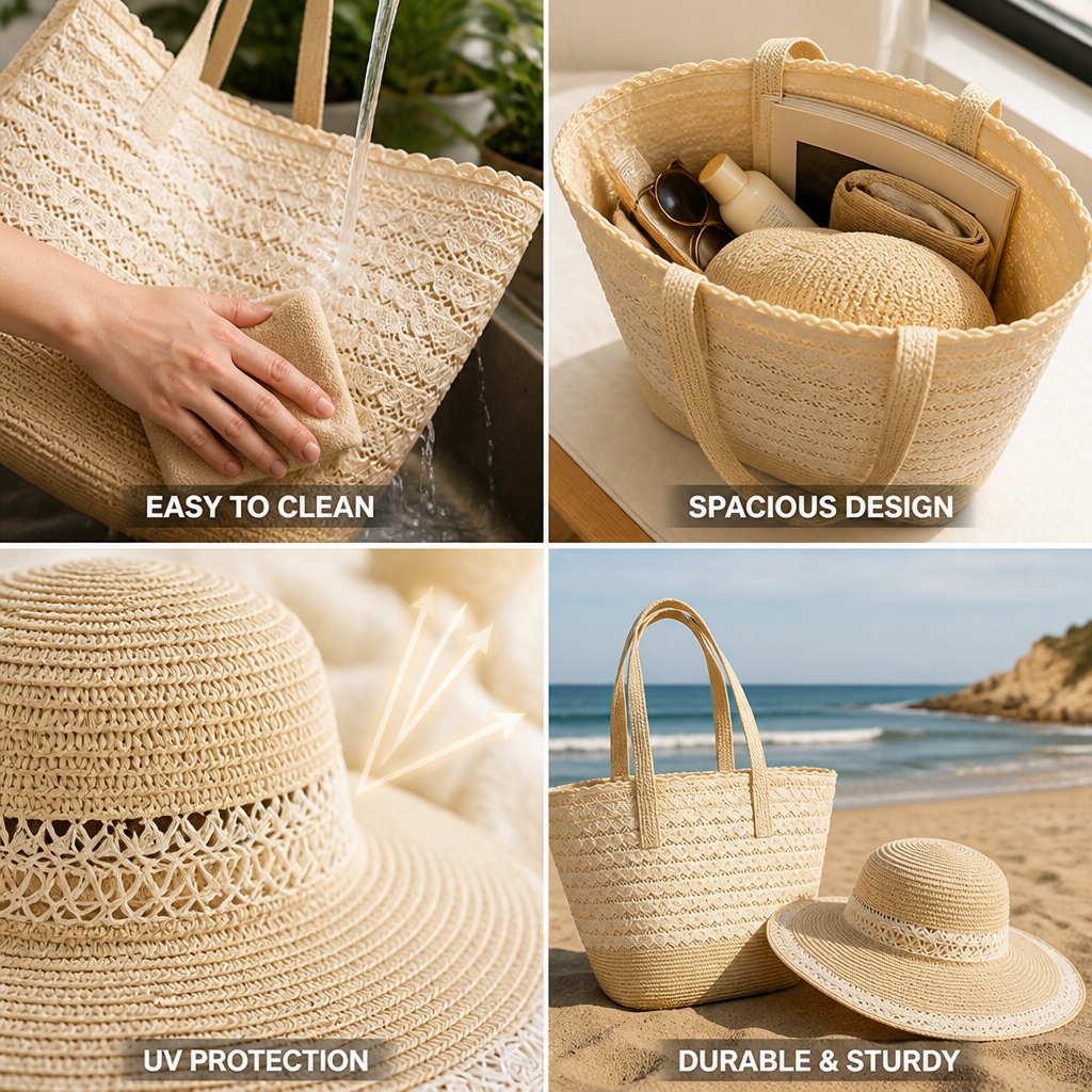 Durable Easy-to-Clean Beach Tote & UV-Protective Sun Hat