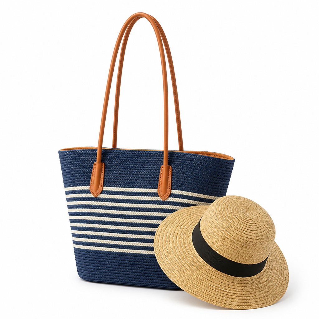 Durable Eco-Friendly Striped Beach Tote & Sun Hat