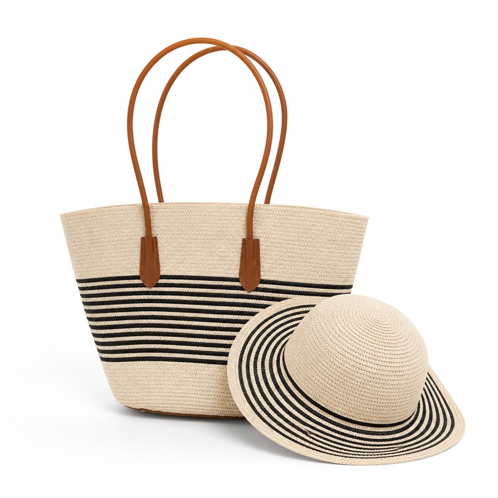 Durable Eco-Friendly Striped Beach Tote & Sun Hat