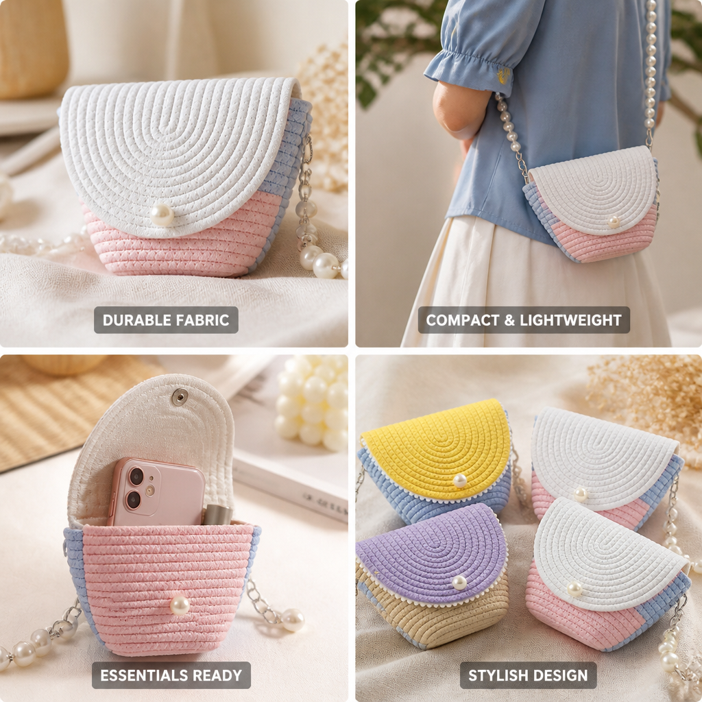 Durable Fabric Pearl-Embellished Crossbody Bag