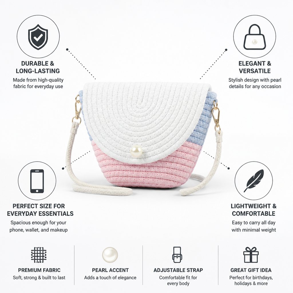 Durable Fabric Pearl-Embellished Crossbody Bag
