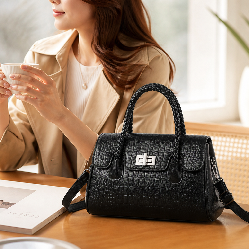 Durable Faux Leather Double-Handle Handbag (Detachable Strap)