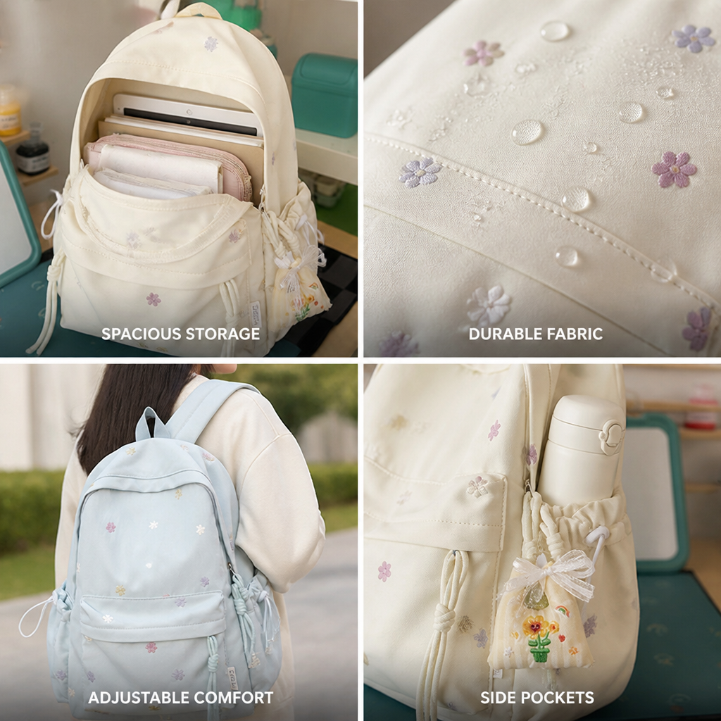 Durable Floral Embroidered School Backpack