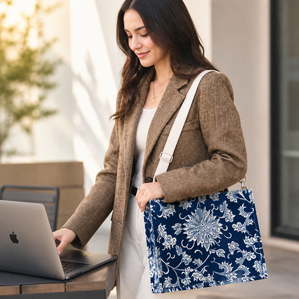 Durable Floral Fabric Laptop-Friendly Shoulder Bag (Top Handle & Adjustable Strap)