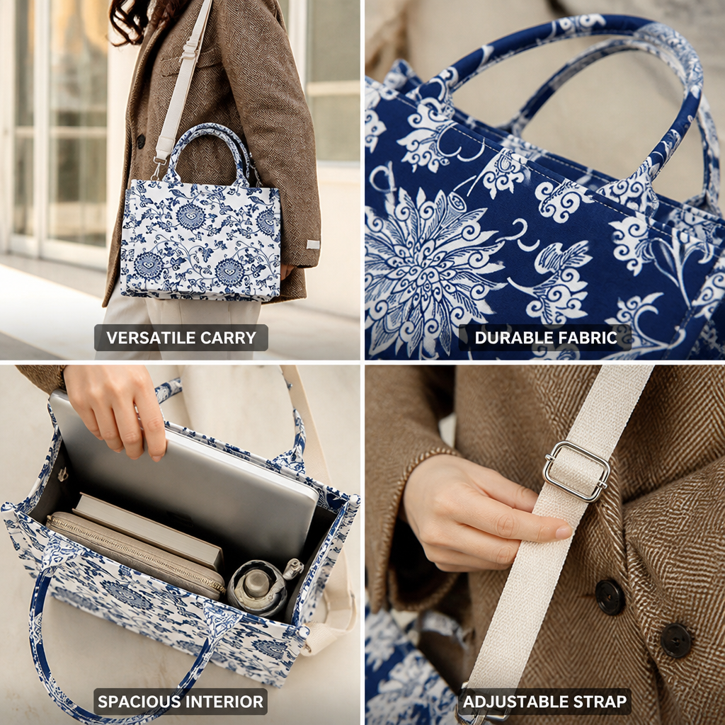 Durable Floral Fabric Laptop-Friendly Shoulder Bag (Top Handle & Adjustable Strap)
