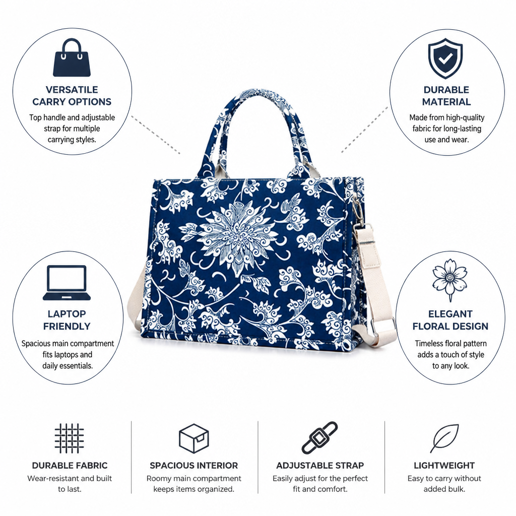 Durable Floral Fabric Laptop-Friendly Shoulder Bag (Top Handle & Adjustable Strap)