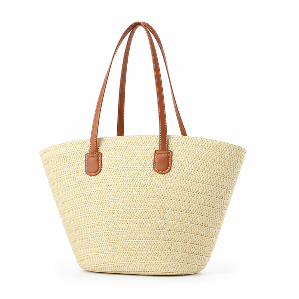 Durable Hand-Woven Straw Tote With Leather Handles