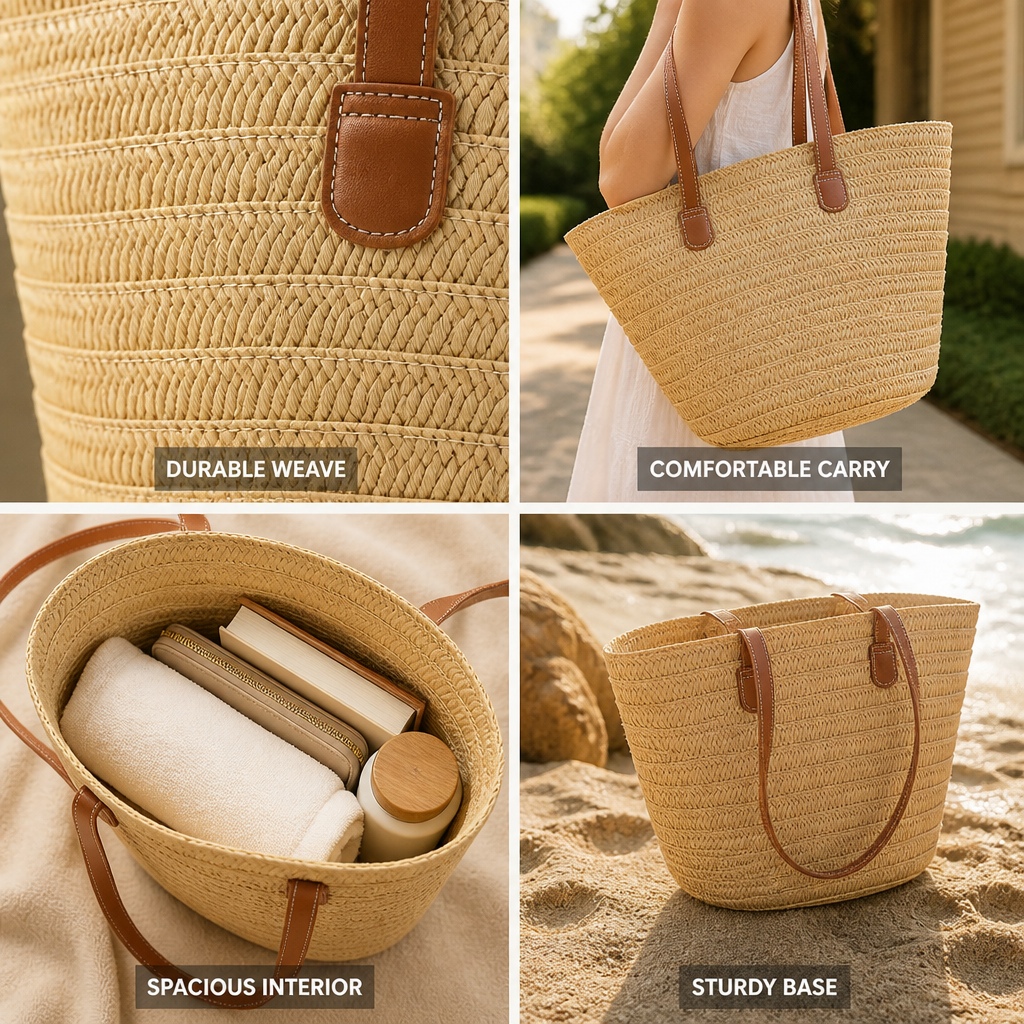 Durable Hand-Woven Straw Tote With Leather Handles