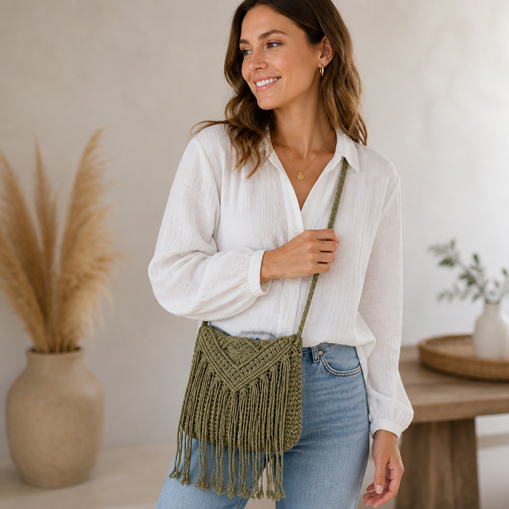 Durable Macrame Fringe Crossbody Bag (Adjustable Strap)