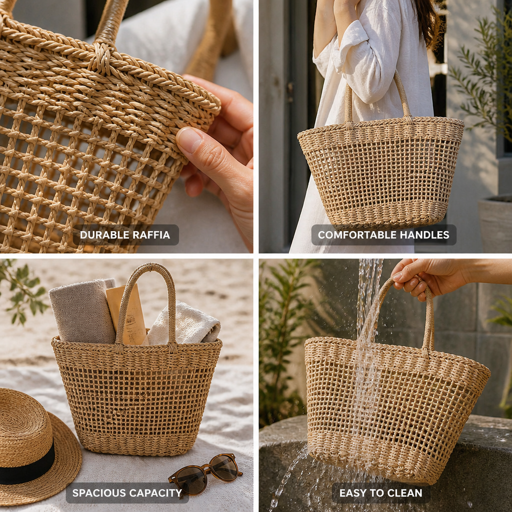 Durable Natural Raffia Open Lattice Tote Bag