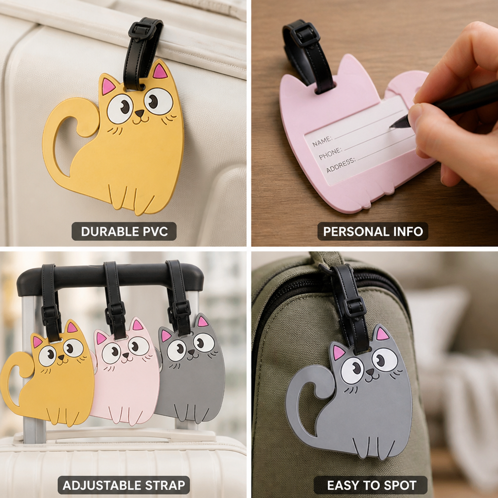 Durable PVC Cute Cat Luggage Tag (Adjustable Strap)