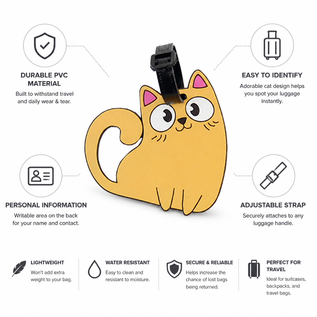 Durable PVC Cute Cat Luggage Tag (Adjustable Strap)