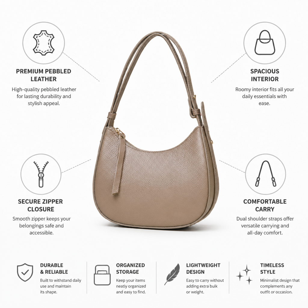 Durable Pebbled Leather Zipper Hobo Bag