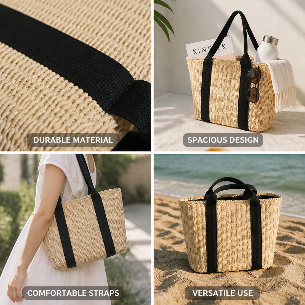 Durable Raffia Basket Bag (Contrasting Straps)