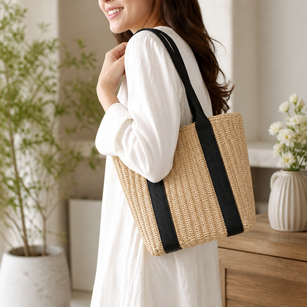 Durable Raffia Basket Bag (Contrasting Straps)