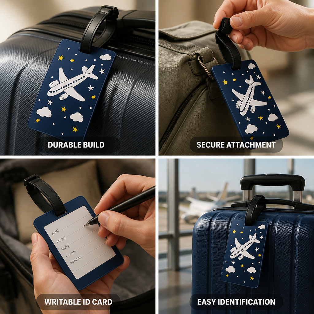 Durable Secure Strap & Writable ID Luggage Tag (Airplane Graphic)