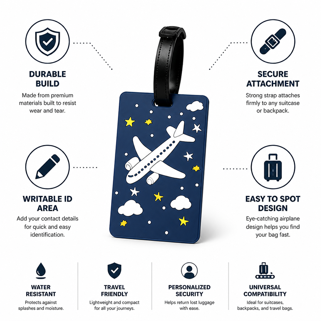 Durable Secure Strap & Writable ID Luggage Tag (Airplane Graphic)