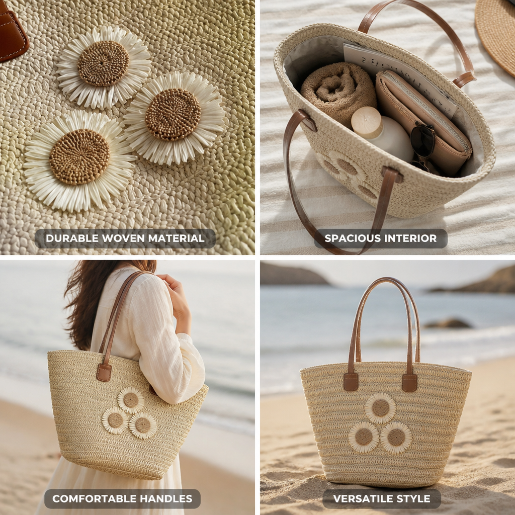 Durable Spacious Woven Beach Bag (Ergonomic Handles)