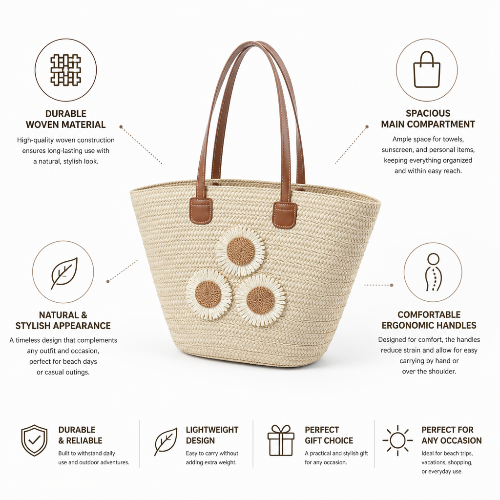 Durable Spacious Woven Beach Bag (Ergonomic Handles)