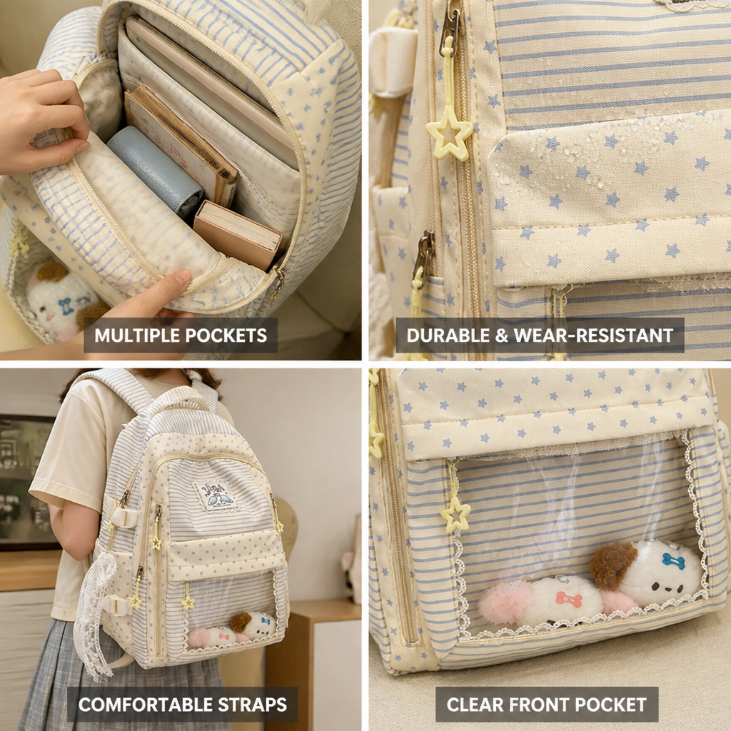 Durable Star-Patterned Multi-Pocket School Backpack