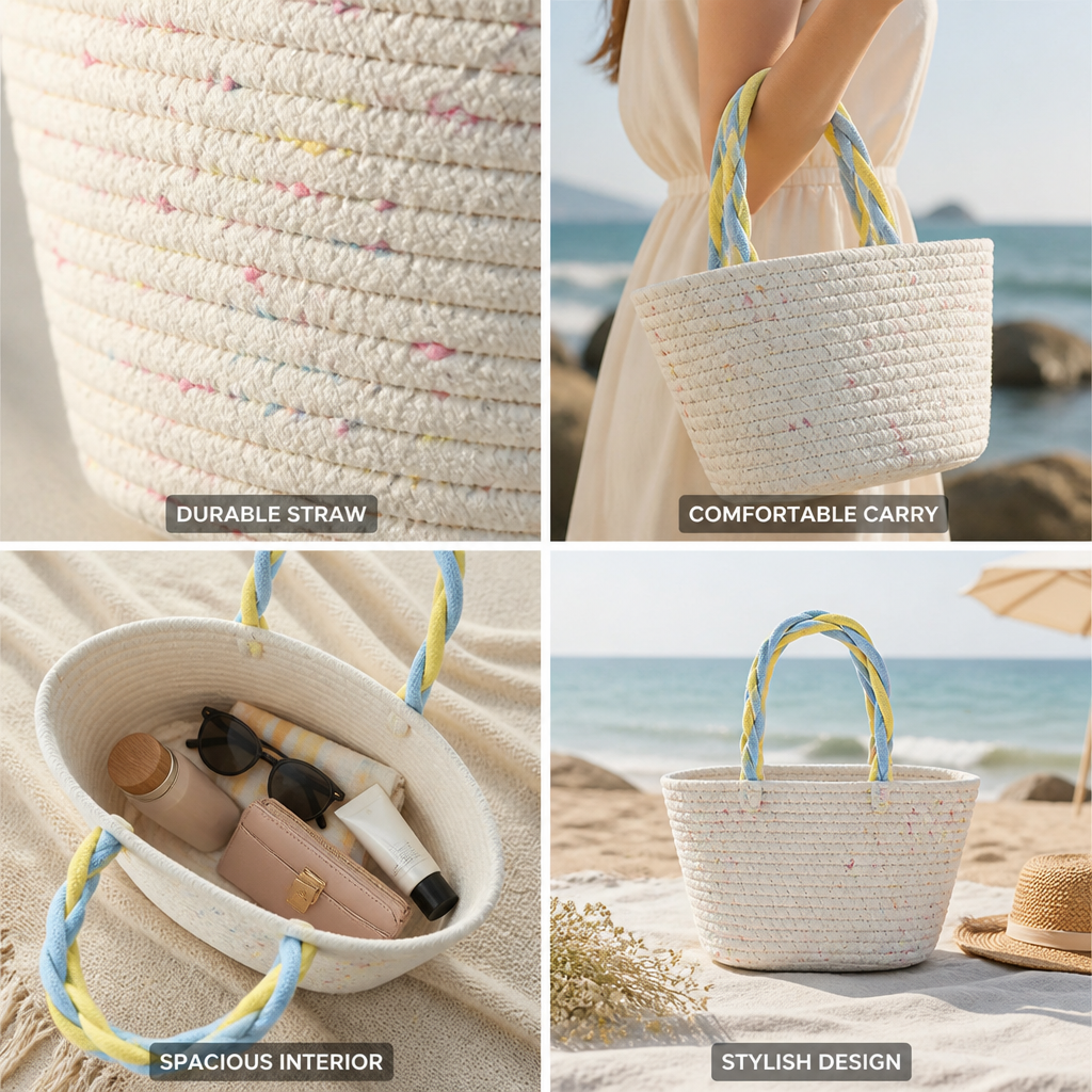 Durable Straw Tote Bag (Colorful Accents)
