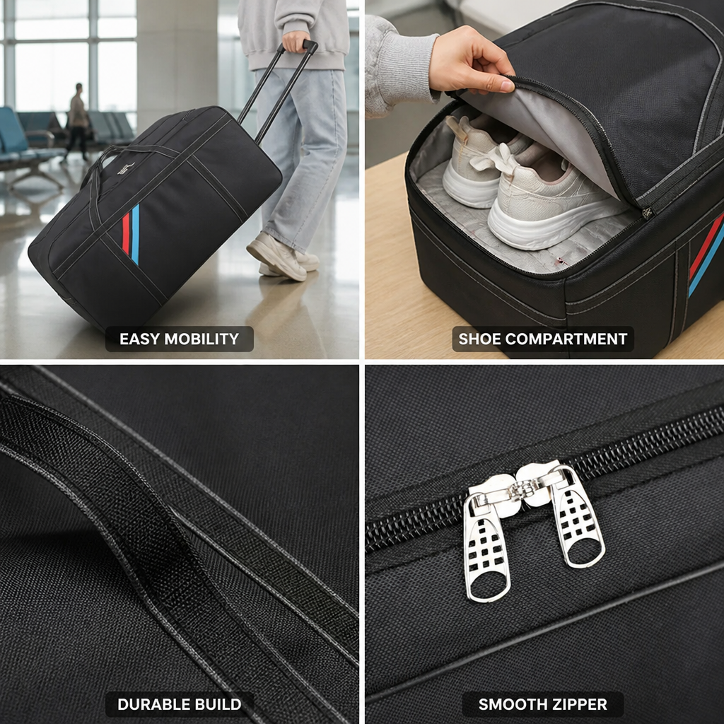 Durable Wheeled Retractable-Handle Duffle Bag (Shoe Pocket)