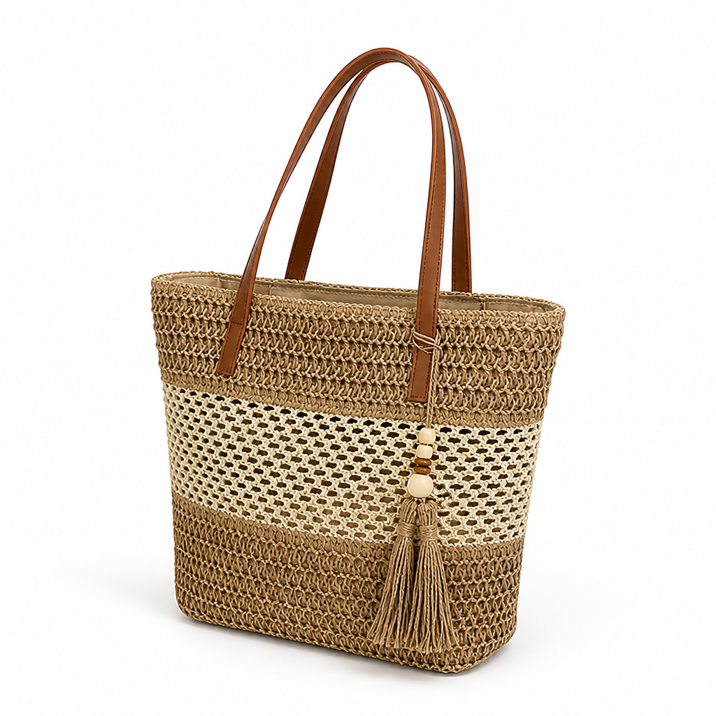 Durable Woven Leather-Handle Beach Tote