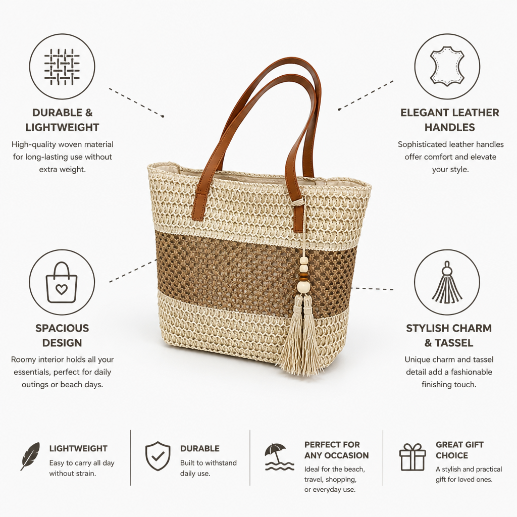 Durable Woven Leather-Handle Beach Tote