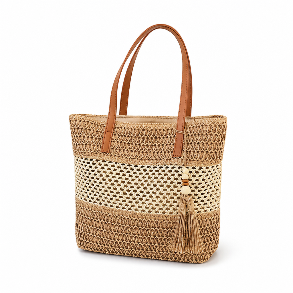 Durable Woven Leather-Handle Beach Tote