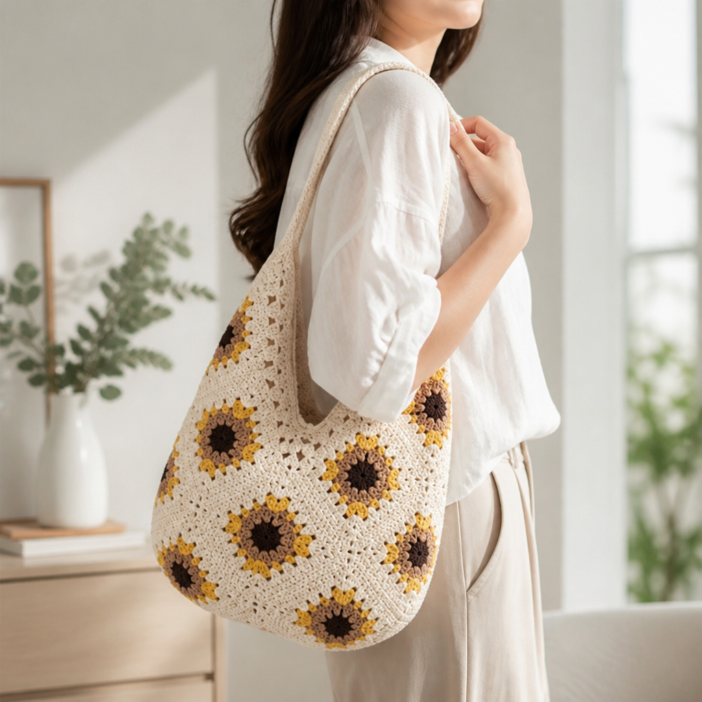 Durable Yarn Sunflower Crochet Shoulder Bag