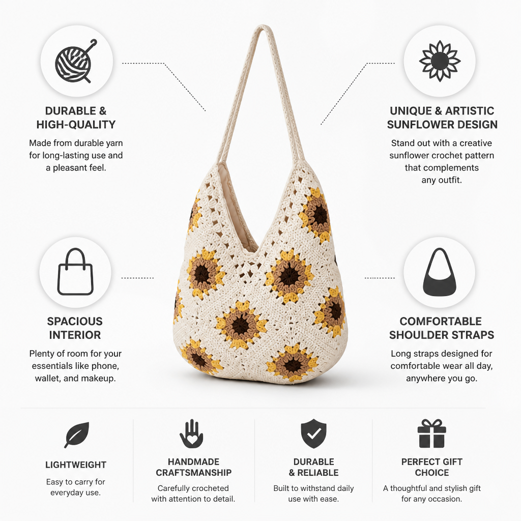 Durable Yarn Sunflower Crochet Shoulder Bag