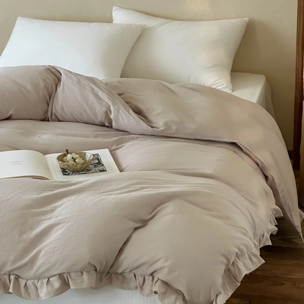 Duvet Cover & Pillowcase Set Cotton-Linen Breathable Ruffled Edge